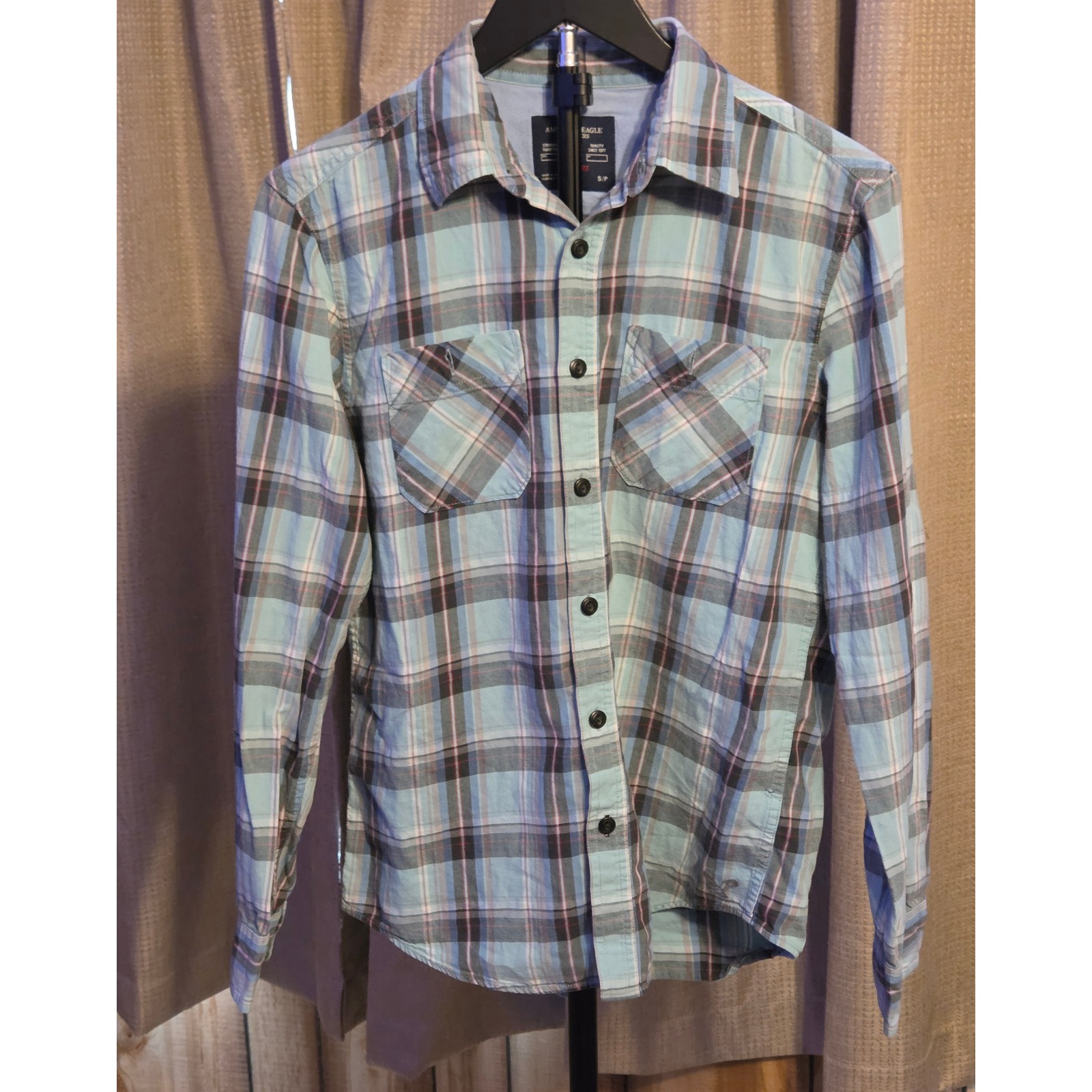 American Eagle Outfitters Plaid Athletic Fit Flannel Shirt Mens Size Small Blue